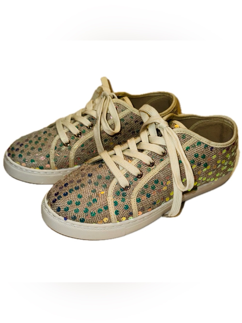 Tan & White Iridescent Sequin Canvas Lace-Up Sneakers, Sz 8